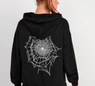 Spider And Spiderweb Print Drop Shoulder Drawstring Hoodie
