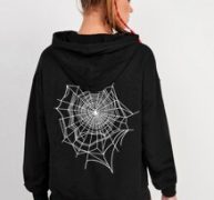 Spider And Spiderweb Print Drop Shoulder Drawstring Hoodie