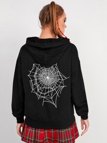 Spider And Spiderweb Print Drop Shoulder Drawstring Hoodie