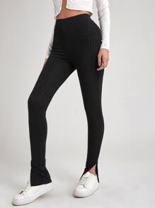 Split Hem Rib-knit Fitted Pants