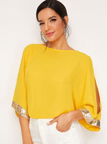 Split Sleeve Contrast Sequin Top