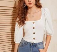 Square Neck Button Front Lantern Sleeve Top