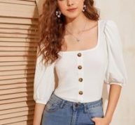 Square Neck Button Front Lantern Sleeve Top