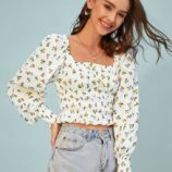 Square Neck Shirred Cuff Floral Peplum Top