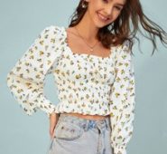 Square Neck Shirred Cuff Floral Peplum Top