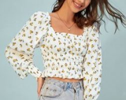 Square Neck Shirred Cuff Floral Peplum Top