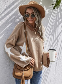 Star Print Bell Sleeve Oversized Sweater