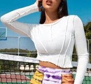 Stitch Detail Asymmetrical Hem Rib-knit Tee