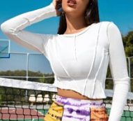 Stitch Detail Asymmetrical Hem Rib-knit Tee