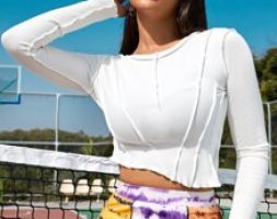 Stitch Detail Asymmetrical Hem Rib-knit Tee