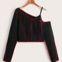 Stitching Trim Asymmetrical Neck Crop Tee