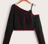 Stitching Trim Asymmetrical Neck Crop Tee
