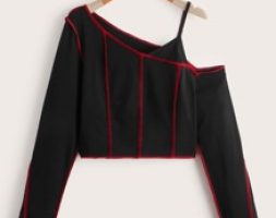 Stitching Trim Asymmetrical Neck Crop Tee