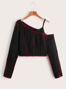 Stitching Trim Asymmetrical Neck Crop Tee