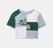 Stitching Trim Colorblock Skull Graphic Crop Tee