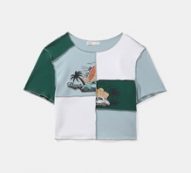 Stitching Trim Colorblock Skull Graphic Crop Tee