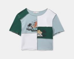 Stitching Trim Colorblock Skull Graphic Crop Tee