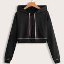 Stitching Trim Drawstring Crop Hoodie