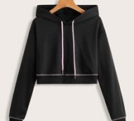 Stitching Trim Drawstring Crop Hoodie