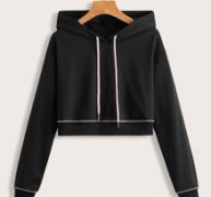 Stitching Trim Drawstring Crop Hoodie