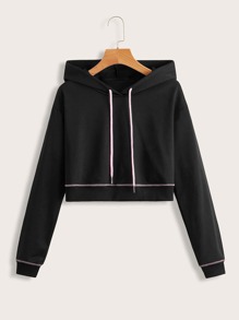 Stitching Trim Drawstring Crop Hoodie