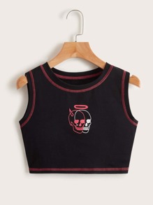 Stitching Trim Skull Graphic Tank Top