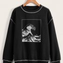 Stitching Trim Wave Graphic Sweatshirt