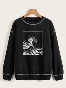 Stitching Trim Wave Graphic Sweatshirt