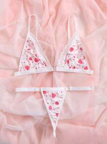 Strawberry Print Lace Trim Lingerie Set