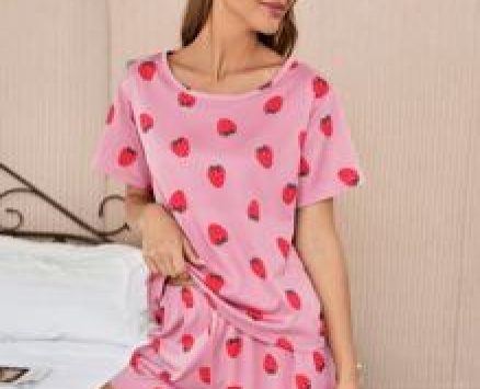 Strawberry Print Tee & Shorts PJ Set With Eye Mask