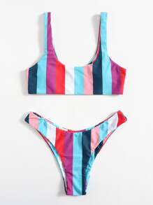 Stripe Scoop Neck Bikini Swimsuit