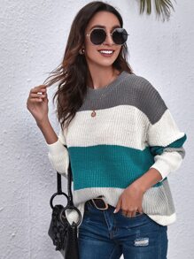 Striped Colorblock Drop Shoulder Sweater