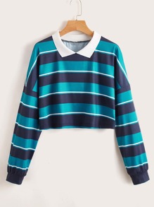 Striped Contrast Collar Crop Tee