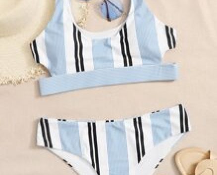 Striped Cutout Bikini Swimsuit