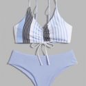 Striped Drawstring Front Bikini Swimsuit