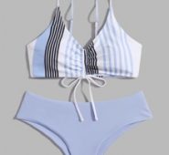 Striped Drawstring Front Bikini Swimsuit