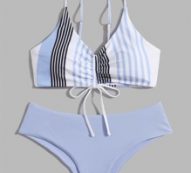 Striped Drawstring Front Bikini Swimsuit