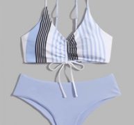 Striped Drawstring Front Bikini Swimsuit