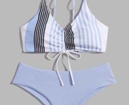 Striped Drawstring Front Bikini Swimsuit