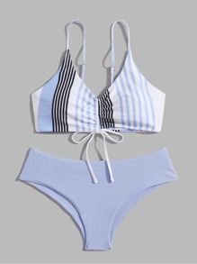 Striped Drawstring Front Bikini Swimsuit