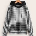 Striped Drop Shoulder Drawstring Hoodie