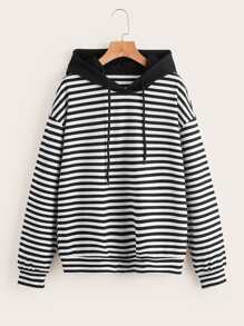 Striped Drop Shoulder Drawstring Hoodie