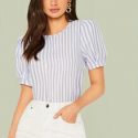 Striped Keyhole Back Puff Sleeve Top