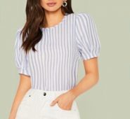 Striped Keyhole Back Puff Sleeve Top