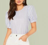 Striped Keyhole Back Puff Sleeve Top