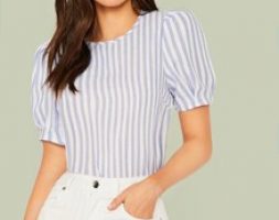 Striped Keyhole Back Puff Sleeve Top