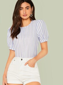 Striped Keyhole Back Puff Sleeve Top