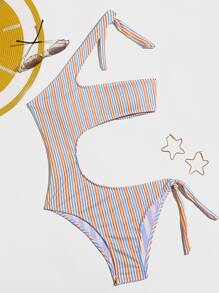 Striped One Shoulder One Piece Swimsuit