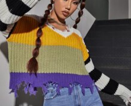 Striped Pattern Colorblock Raw Hem Sweater