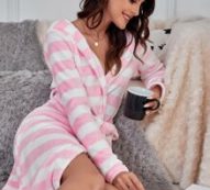 Striped Pattern Hooded Belted Flannel Lounge Robe